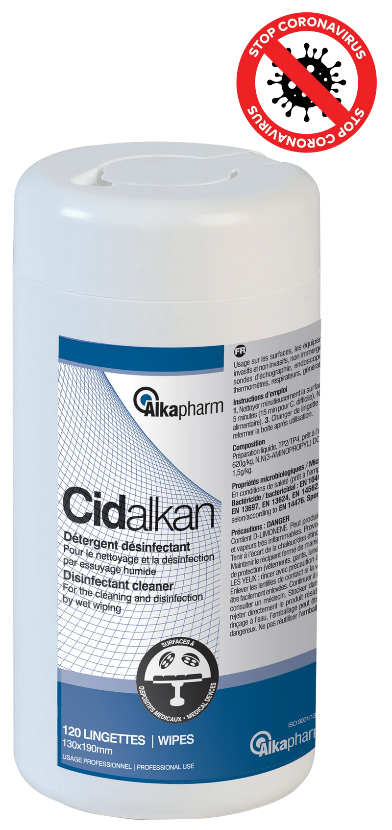 LINGETTES NETTOYANTES DESINFECTANTES SURFACES-DM CIDALKAN X120