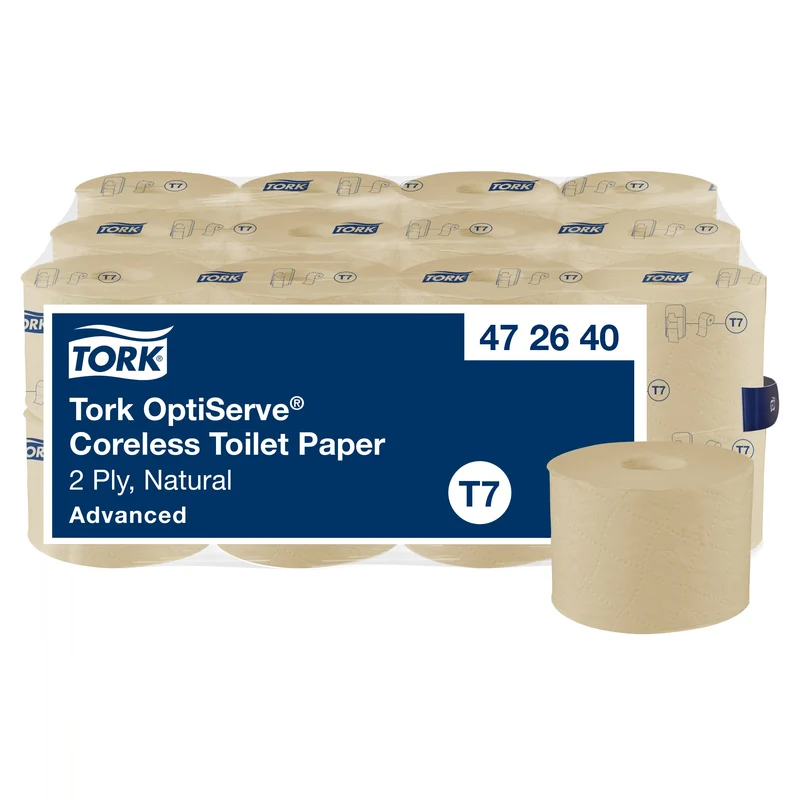 PAPIER TOILETTE PETIT ROULEAU TORK® T7 ADVANCED NATUREL SANS MANDRIN 820 FORMATS 2 PLIS ECOLABEL X24