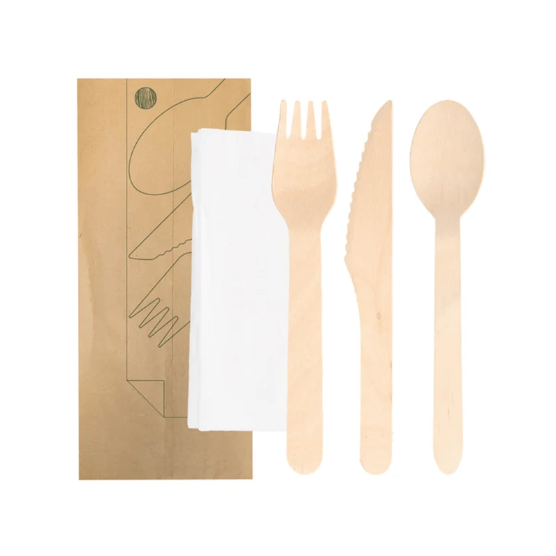 Kit 4/1 couverts en bois + serviette blanche - 100 pièces