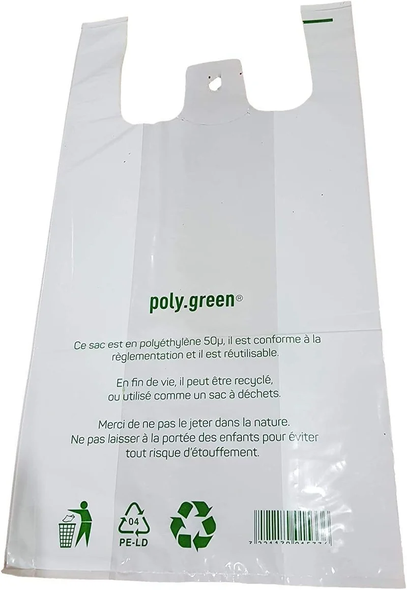SAC BRETELLES POLYETHYLÈNE BASSE DENSITÉ 50µ 26+12X45CM BLANC LIASSE X500