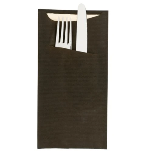 Pochette à couvert noir kraft et serviette blanche - 600 pièces